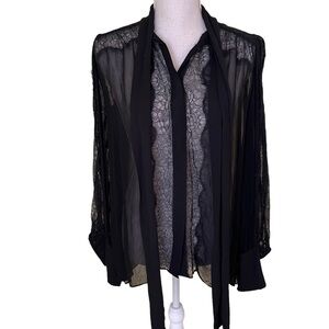 Mechora Black Sheer Lace Inset Bow Tie Blouse S NEW